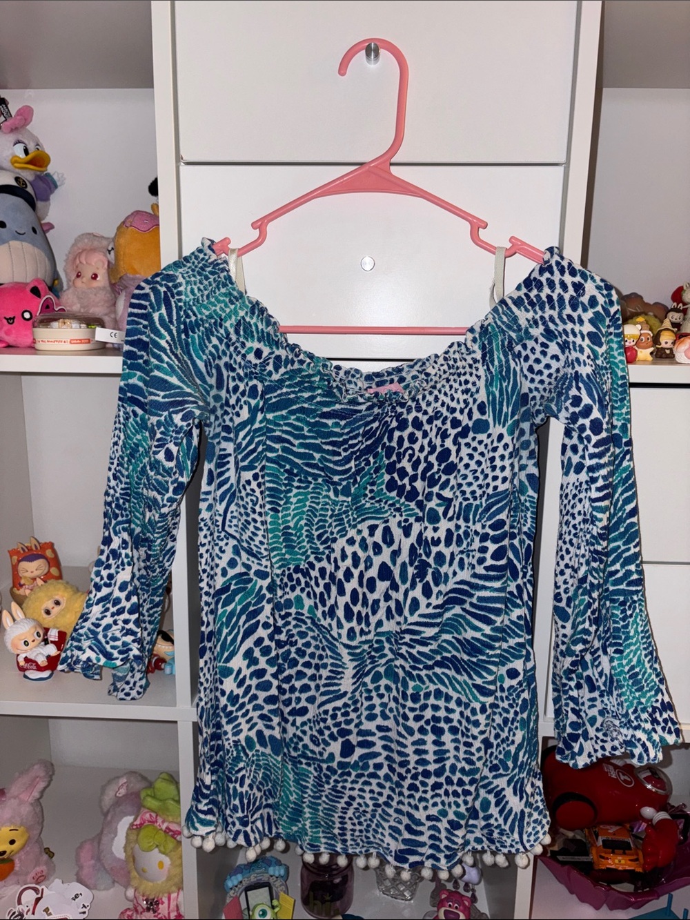 Lilly Pulitzer Off-Shoulder Blue & Teal Animal Print Top